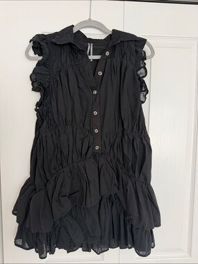 Anthropologie Black Ruffled Button-Front Mini Dress